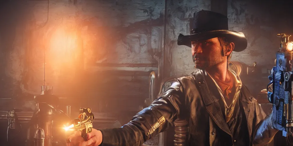 Image similar to a futuristic cowboy holding a glowing revolver to his enemies in a steampunk themed bar, red dead redemption 2, trending on artstation, digital art, award winning, cinematic lightning, god rays