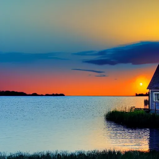 Prompt: a small house by the lake on a beautiful summer night, sunset