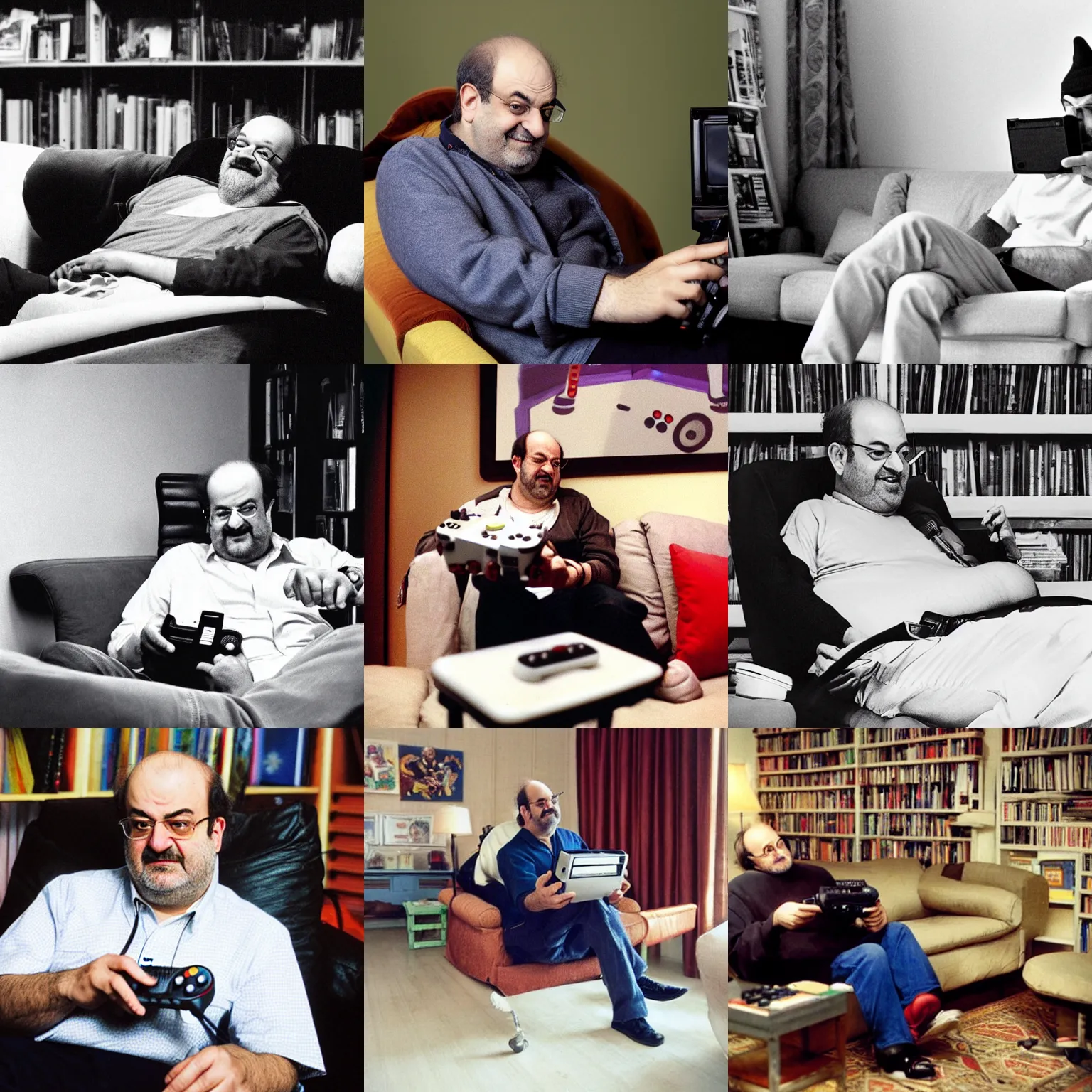 Prompt: a photograph of salman rushdie sitting on a couch, playing video games, playing super mario world on snes, photography, detailed