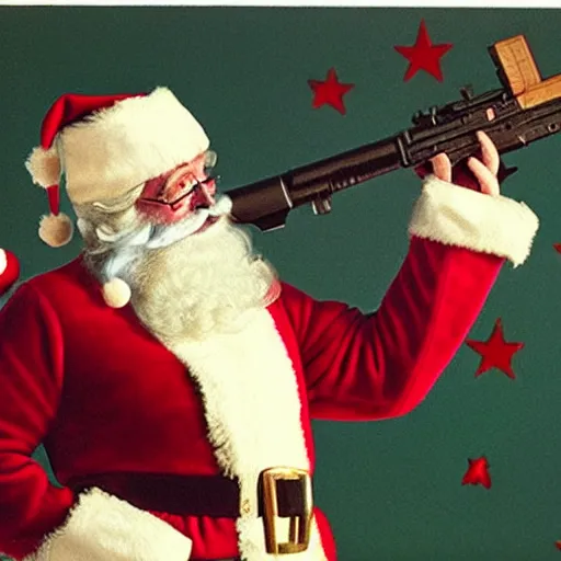 Image similar to closeup of santa firing a sniper rifle, photorealistic, 1970s aesthetic, detailed