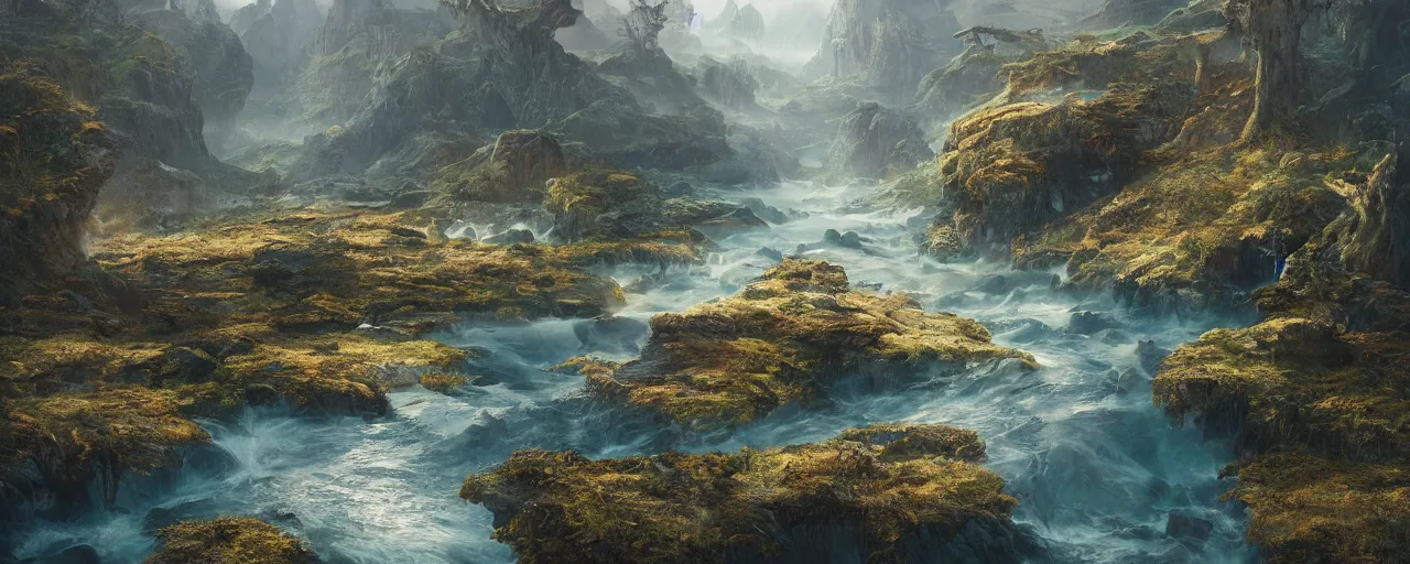 Image similar to ” otherwordly landscape with a river, [ by wlop, cinematic, detailed, epic, widescreen, opening, establishing, mattepainting, photorealistic, realistic textures, octane render ] ”