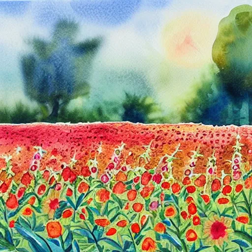 Prompt: a field of dahlia flowers, beautiful watercolor painting