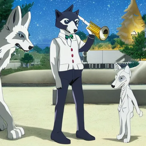 Image similar to modern anime still of beastars legoshi the anthro male grey wolf in a boarding school uniform, playing saxophone on a moonlit beach, official studio anime still