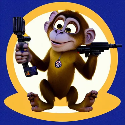 Image similar to “ logo of a monkey in the style of zootopia holding laser gun, with a black background, digital art, award winning, trending on art station, retro style ”