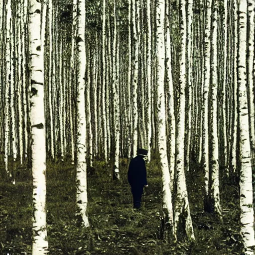 Image similar to photograph of an old man in a birch forest, medium format, tarkovsky