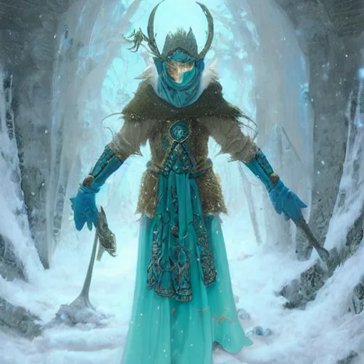 Prompt: a mid - shot portrait of a handsome snow elf with a bow in a turquoise cape and glittering silver ornate armor, pale skin, winter vibes, intricate, elegant, artgerm, tomasz alen kopera, greg rutkowski, alphonse mucha, concept art, sharp focus, octane render, cgsociety