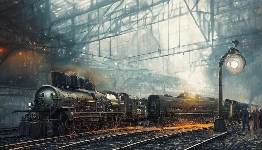 Image similar to Dieselpunk railway station, anamorphic lens, steam, epic composition, diesel trains, intricate, elegant, volumetric lighting, digital painting, highly detailed, artstation, sharp focus, illustration, concept art, ruan jia, steve mccurry