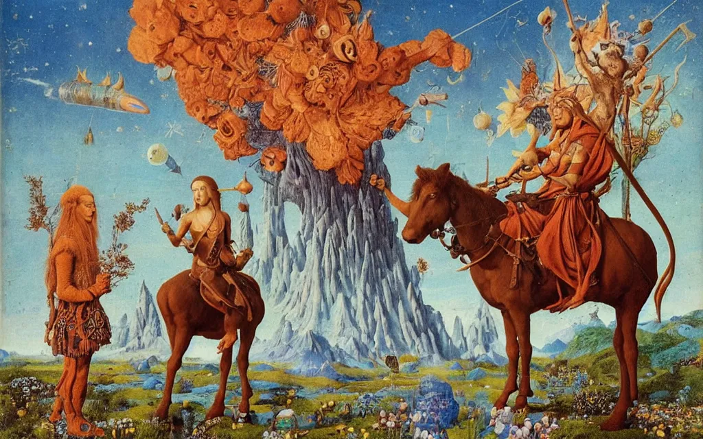 Image similar to a portrait photograph of a meditating elf and a centaur monk riding a rocket machine and hunting at a river delta. surrounded by bulbous flowers and trees. mountain range under a blue sky of fiery stars. by jan van eyck, max ernst, ernst haeckel, ernst fuchs and artgerm, cgsociety, fashion editorial, 8 k