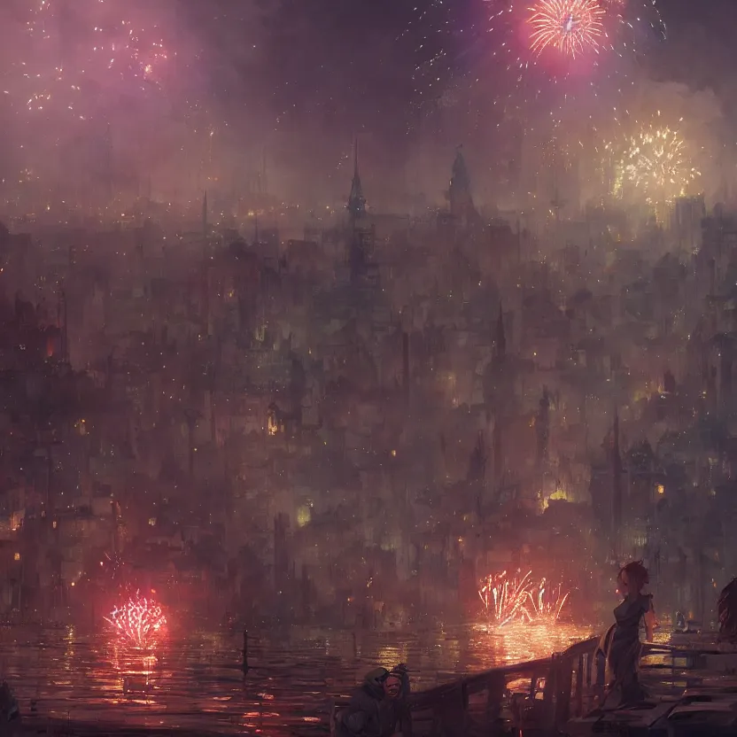 Image similar to firework festival at night, greg rutkowski, krenzcushart, nier automata enviroment concept art, makoto shinkai, alphonse mucha