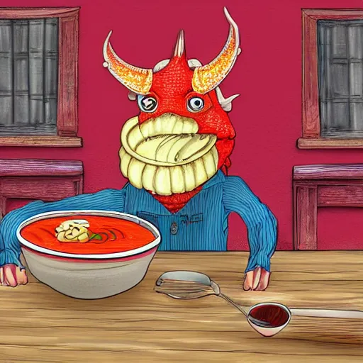 Prompt: Funny Dragon eating russian borsch soup on the Red Square, digital art