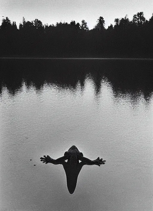 Image similar to “semitranslucent smiling frog vertically hovering over misty lake waters in crucifix pose, low angle, long cinematic shot by Andrei Tarkovsky, paranormal, eerie, mystical”