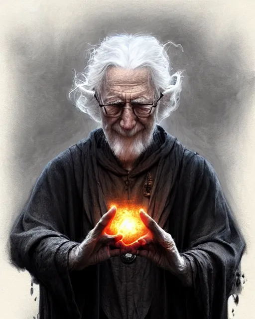 Image similar to a elderly wizard casting a black fireball | | pencil sketch, realistic shaded, fine details, realistic shaded lighting poster by greg rutkowski, magali villeneuve, artgerm, jeremy lipkin and michael garmash and rob rey