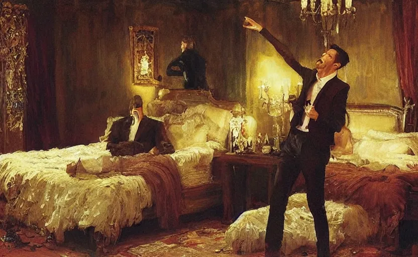 Prompt: Brandon Flowers singing loudly while other Brandon flowers is trying to sleep, vertical symmetry, by Ilya -Repin
