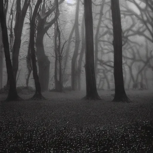 Image similar to deep misty forest with big black horned demon behind the tree, monochrome lomography