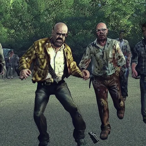 Prompt: “ very photorealistic screenshot of walter white fighting zombies in an episode of the walking dead, award - winning details ”