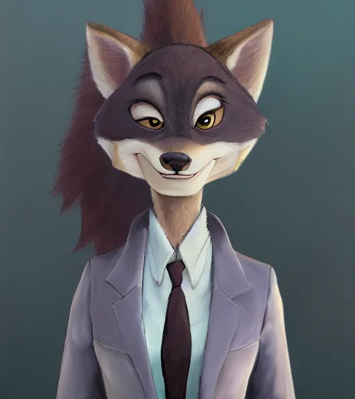Image similar to oil painting of anthromorphic female wolf, in style of zootopia, zootopia, zootopia, fursona, furry, furaffinity, 4 k, deviantart, furry art, fursona art, wearing black business suit, business suit, in style of zootopia, wolf fursona, cyberpunk, female, expressive detailed feminine face,