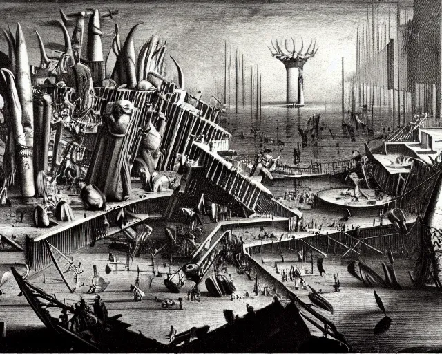 Prompt: Piranesi imagination mixed with the aesthetics of Yves Tanguy