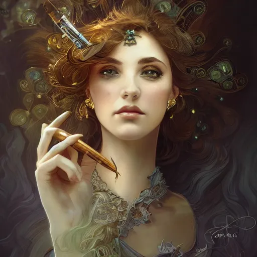 Prompt: the eye of Mademoiselle cigarettes, macro, D&D, fantasy, intricate, elegant, highly detailed, digital painting, artstation, concept art, matte, sharp focus, illustration, art by Artgerm and Greg Rutkowski and Alphonse Mucha, UHD