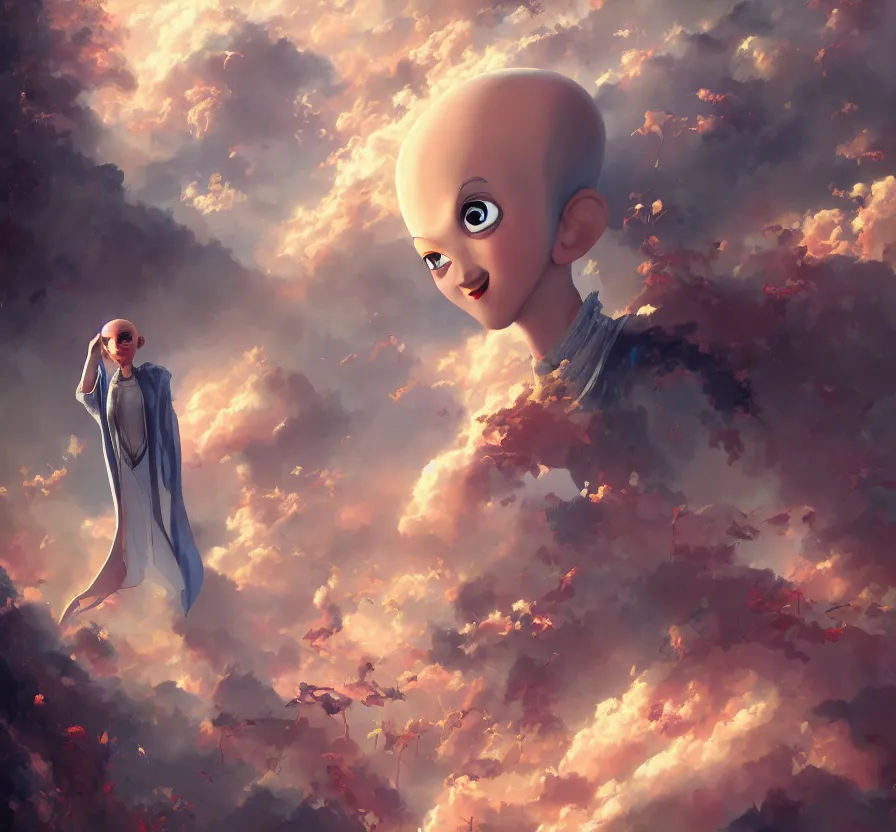 Image similar to megamind in japan, acrilic paint, brush paint, heavenly atmosphere, paint, ultra detailed, beautiful image, resolution, artstation