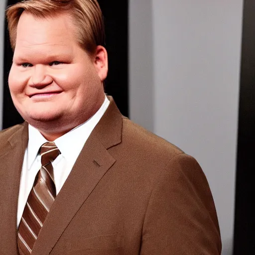 Image similar to Andy Richter is wearing a chocolate brown suit and necktie. Andy is standing inside a bathtub with the shower running over him. The suit and necktie are soaking wet.