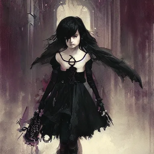 Prompt: goth little girl, artwork by greg rutkowski and hiroriko araki