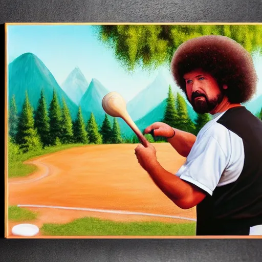 Prompt: a closeup photorealistic photograph of bob ross style kenny powers playing baseball, painting on a canvas. mountains and trees. film still. brightly lit scene. this 4 k hd image is trending on artstation, featured on behance, well - rendered, extra crisp, features intricate detail, epic composition and the style of unreal engine.