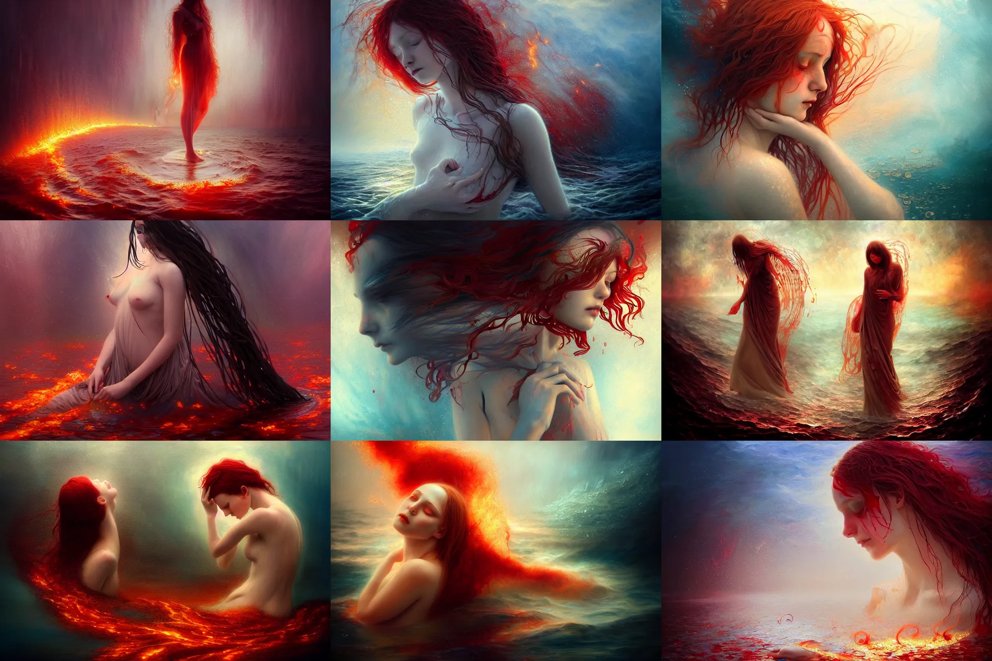 Prompt: ocean with fallen angel crying tears of blood in a canvas that catches fire, magical, concept art, art nouveau, inspired by Reylia Slaby, Peter Gric, Andrew Ferez, trending on artstation, volumetric lighting, intricate, ornate, CGsociety