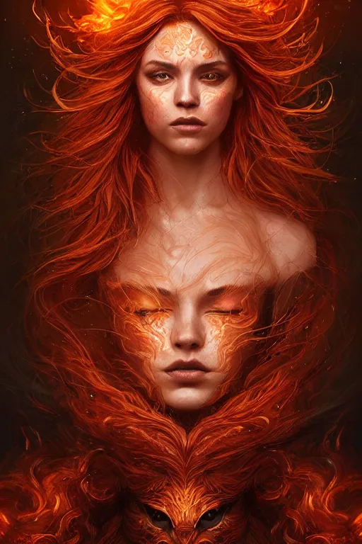 Prompt: majestic and regal portrait of a beautiful young female fire cat girl!, intricate, epic, elegant, menacing, fantasy, highly detailed, digital painting, hard focus, beautiful volumetric lighting, epic light, ultra detailed, souls, smoke, by leesha hannigan, ross tran, thierry doizon, kai carpenter, ignacio fernandez rios