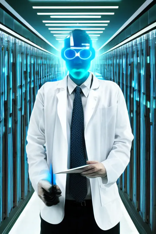 Prompt: futuristic scientist is holding a folder, he is in shock, dark building of server room, neon light, the folder glows and lights up his face, dramatic lighting, ethereal, stunning, breathtaking, awe - inspiring award - winning, 8 k