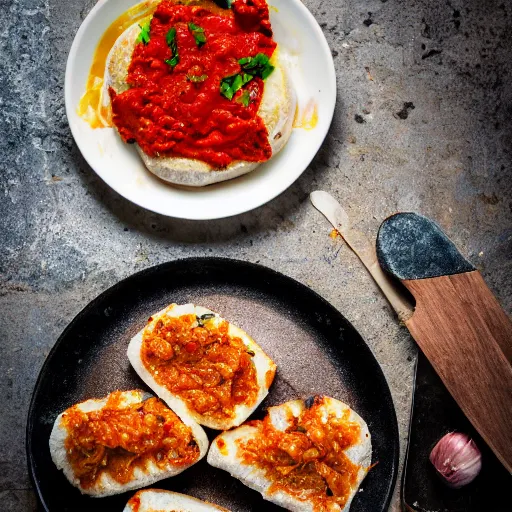 Prompt: Ćevapi with lepinja bread, onions and ajvar elaborately served in a Michelin star restaurant, professional food photography, Canon EOS 5D Mark II | 42mm | f/4.0 | 1/1250s | ISO 125