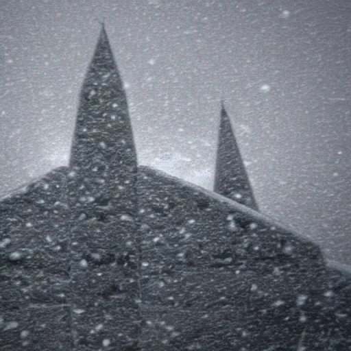 Image similar to a monolithic cathedral in the artic. overcast sky, grainy, snowing.