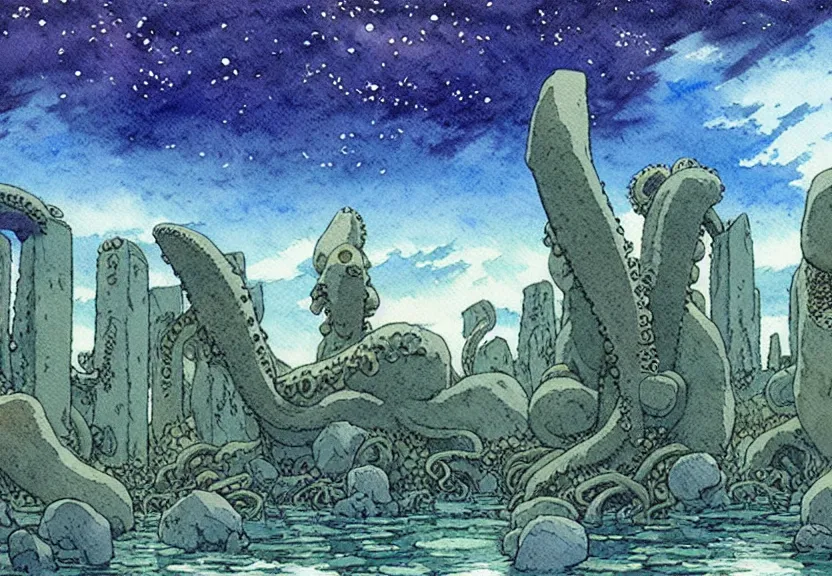 Image similar to a simple watercolor studio ghibli movie still fantasy concept art of stonehenge underwater. a giant octopus from princess mononoke ( 1 9 9 7 ) is holding large stones. it is a misty starry night. by rebecca guay, michael kaluta, charles vess