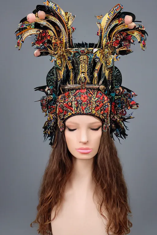 Prompt: ornate cyber tribal headpiece, ritual floral robes, esoteric fasion