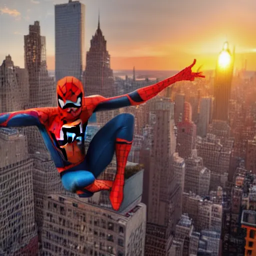 Image similar to spider - man swinging through new york buildings, sunset at golden hour, 4 k.