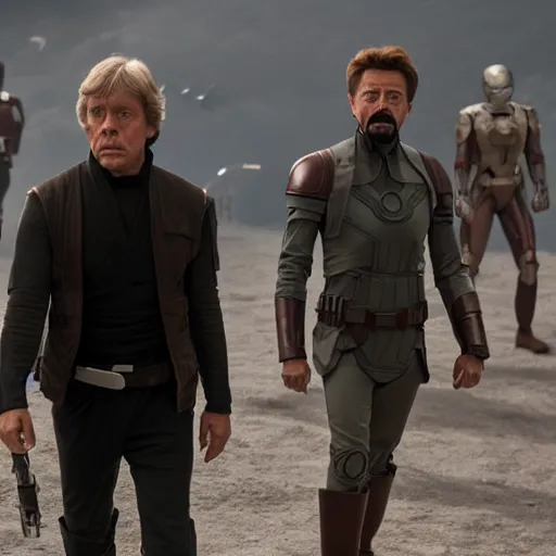 Image similar to Luke Skywalker meets tony stark in movie avengers endgame