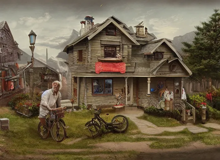 Image similar to ☕🍧🏡👴🏼, lowbrow, matte painting, 3 - d, highly detailed, in the style of mark ryder,