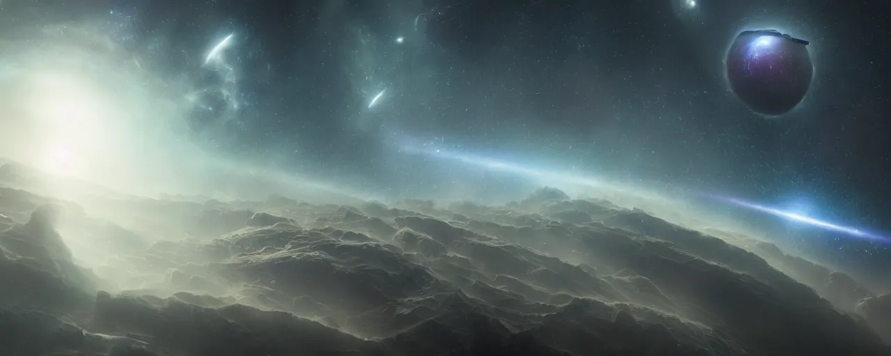 Image similar to movie still, thin galactic horizon, a dark epic galaxy, space scene, dark scifi, unreal engine, octane render, detailed and intricate, global illumination, volumetric lighting, hubble telescope images, james webb telescope images, houdini fluid simulation, detailed and intricate environment