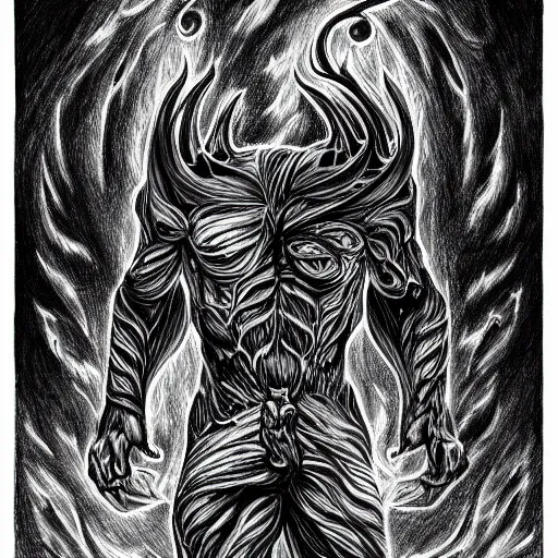 Image similar to full body grayscale drawing by Anato Finnstark of muscled horned humanoid beast, swirling flames