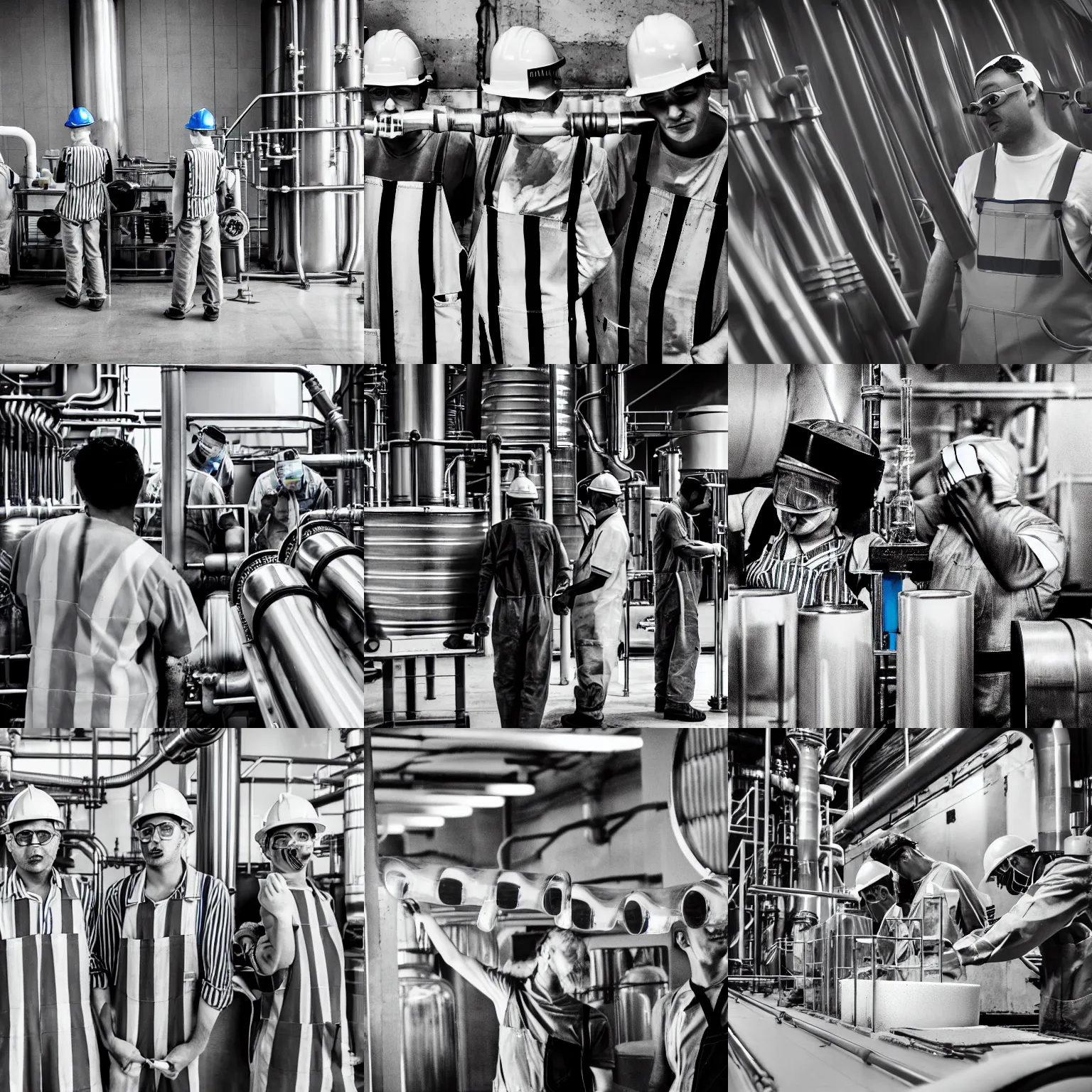 Prompt: toothpaste refinery, glass pipes showing red, white, and blue striped toothpaste inside, workers in grey monochrome work overalls, machines, industrial, high definition photograph, documentary still, 4k HD,