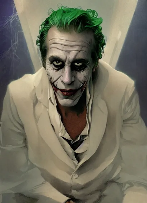 Image similar to a still of Jeffrey Epstein as the Joker, realistic, private island, sigma male, accurately portrayed, portrait art by alphonse mucha and greg rutkowski, highly detailed, digital painting, concept art, illustration, dim lighting with twilight rays of sunlight, trending on artstation, very detailed, smooth, sharp focus, octane render, close up