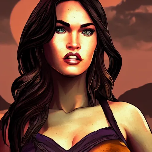 Image similar to megan fox portrait, borderlands, tales from the borderlands, the wolf among us, comic, cinematic lighting, studio quality, 8 k