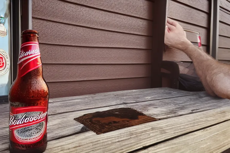 Prompt: an average American drinking a bottle of Budweiser on their porch, photo, 4K