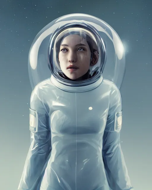 Image similar to beautiful girl in a transparent astronaut helmet, character concept style, by Mateusz Urbanowicz, beautiful girl, 8k character concept art, by WLOP, cinematic lighting, trending on artstation, symmetrical portrait symmetrical, highly detailed CGsociety, hyper