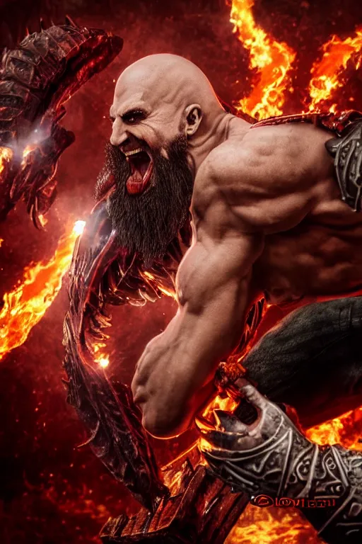 Image similar to muscular armored screaming kratos rocking out on a flaming stratocaster guitar, cinematic render, god of war 2 0 1 8, playstation studios official media, lightning, flames, left eye stripe, left eye stripe, left eye stripe, left eye stripe, clear, coherent