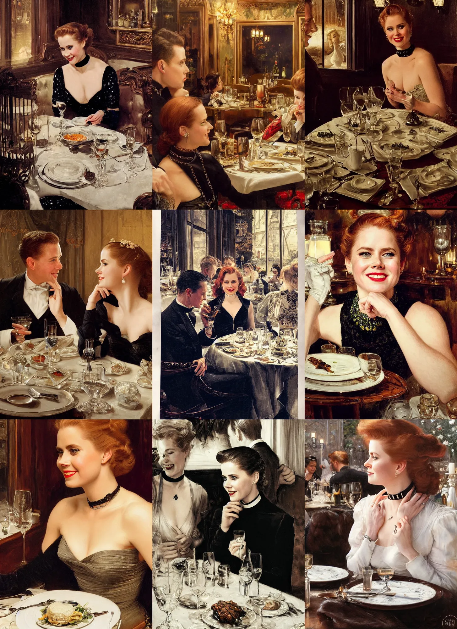 Prompt: dinner with amy adams smiling sitting across the camera wearing a black choker staring into the camera in an expensive private restaurant, 1 9 5 0 s, intricate, elegant, tasteful, highly detailed, shallow depth of field, artgerm, donato giancola, joseph christian leyendecker