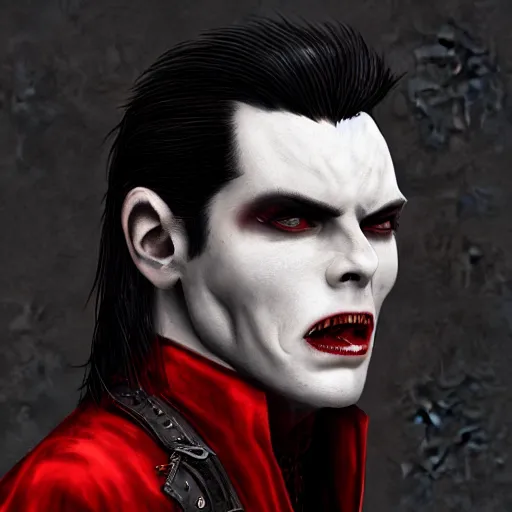 Image similar to a vampire, male, mid - 4 0 s aged, long, slicked black hair, clean shaven, in red and black, regal, high fantasy, realistic, highly detailed, full body shot, concept art, 8 k.