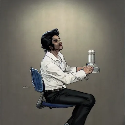 Image similar to a beautiful artwork of a young male scientist with black hair and white shirt sitting on an office chair explaining something by Jerome Opeña, featured on artstation