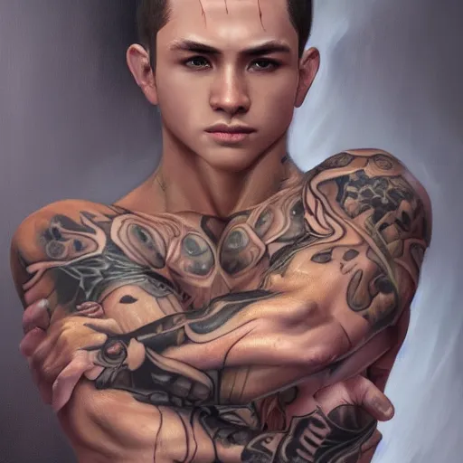 Prompt: A detailed matte oil on canvas painting of a young white male martial artist monk, orchid arm tattoos by artgerm, trending on artstationhd, dungeons and dragons art