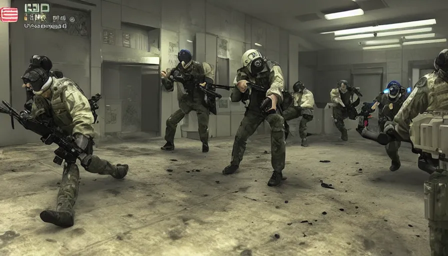 Prompt: 2020 Video Game Screenshot, Anime Neo-tokyo Cyborg bank robbers vs police, Set inside of the Bank, Open Bank Vault, Multiplayer set-piece Ambush, Tactical Squads :10, Police officers under heavy fire, Police Calling for back up, Bullet Holes and Realistic Blood Splatter, :10 Gas Grenades, Riot Shields, Large Caliber Sniper Fire, Chaos, Akira Anime Cyberpunk, Anime Machine Gun Fire, Violent Action, Sakuga Gunplay, Shootout, :14 Quibli Shader :19 , Inspired by Intruder :10 Created by Katsuhiro Otomo + Capcom: 19,