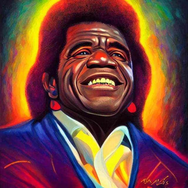 Prompt: portrait of james brown by mandy jurgens, cartoon, oil painting, visionary art, symmetric, magic symbols, holy halo, dramatic ambient lighting, high detail, vibrant colors,